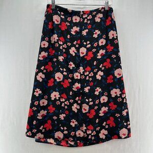 Lily Black A-Line Skirt Womens S Button Front Elastic Waist Floral Black Orange